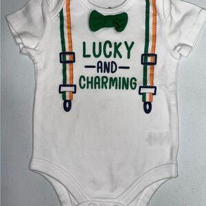 St. Patricks Day: Baby White Suspenders Onesie (3-6 Months)